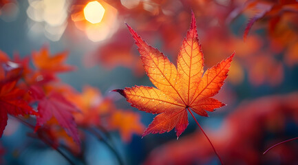Autumn Maple Leaf with Dewdrops Photography