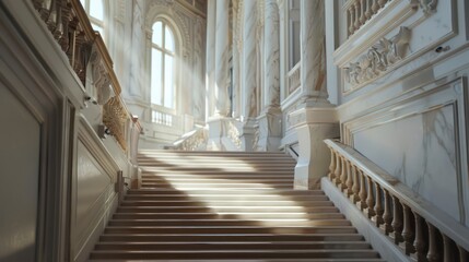 elegant palace stairs, very detailed on a white brown colors