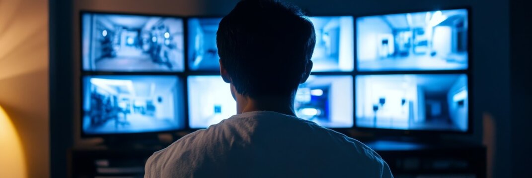 A security guard sits in a dark room, intently monitoring multiple CCTV screens, demonstrating the importance of security systems in protecting property and lives.