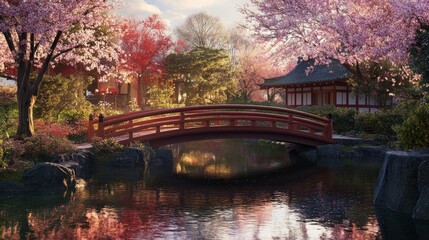 Fototapeta premium A serene Japanese garden with a red bridge crossing a peaceful pond. Blooming cherry trees create a vibrant canopy above, symbolizing beauty, renewal