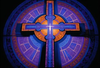 A large ornate cross with intricate designs and patterns in shades of purple, blue, and orange