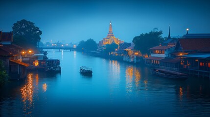 Naklejka premium Panoramic Morning Skyline: Enhanced Buildings on Chao Phraya River in Ayutthaya, Thailand