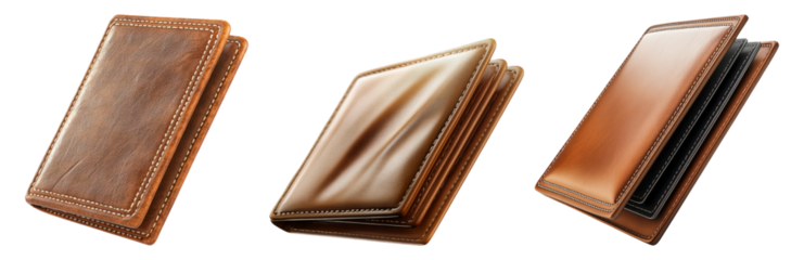 Leather wallets and egyptian pyramids set isolated on transparent background