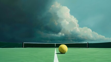 A single tennis ball sits on a green court, with a dark cloud looming above, symbolizing anticipation, uncertainty, opportunity, and the potential for a dramatic change.