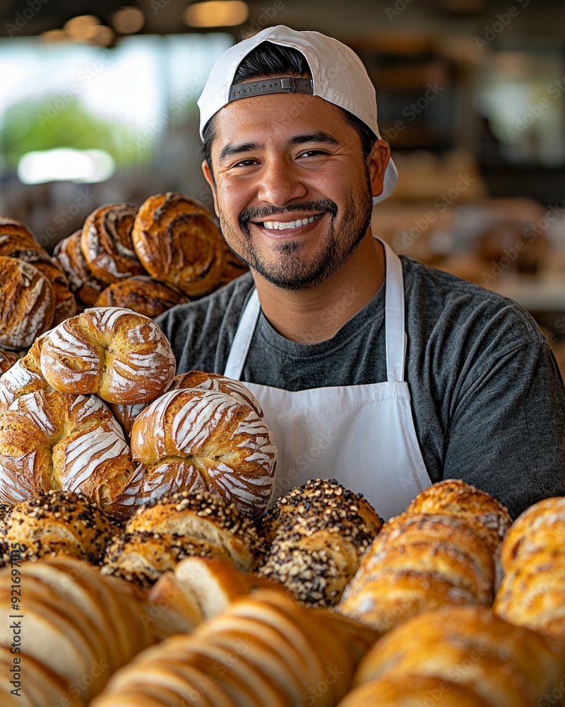 Wall mural Portrait of handsome baker at the bakery with breads and oven on the background