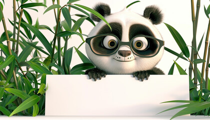 Naklejka premium happy smiling cute Panda large prescription glasses holding banner sign 3D green leaves and Bamboo branches Copy Space 