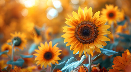 Obraz premium Vibrant Sunflower in Autumnal Background Illustration