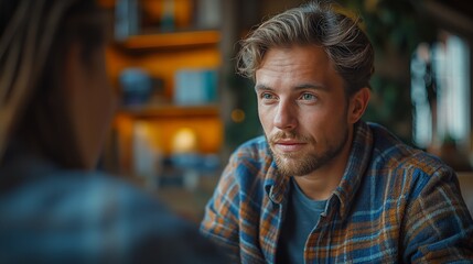 Thoughtful young man attentively listening during a deep conversation in a cozy, warmly lit café setting, capturing the essence of meaningful human connection