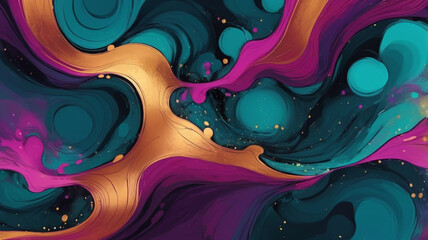 Dynamic Abstract: Bold Teal, Magenta, and Copper Splashes with Intricate Circular Patterns and Ripples, Capturing Energetic Ink Flow in Chaotic Yet Vibrant Digital Art
