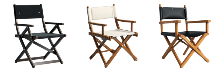 Set of three different director chairs isolated on transparent background wooden and fabric chairs for cinema and studio use