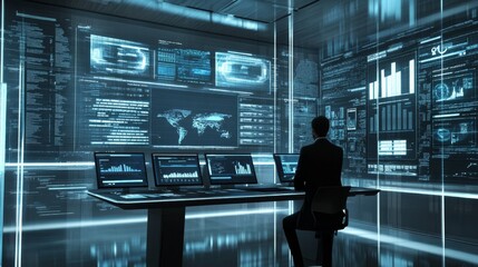 Fototapeta premium A futuristic workspace with AI-powered document analysis displayed on multiple interactive screens