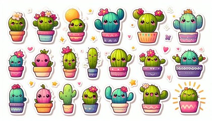 Cute cartoon cacti in pots, stickers set.