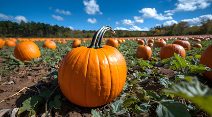Pumpkin Patch Photography: A Close-Up View of a Ripe Orange Pumpkin in a Field