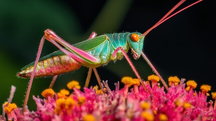 Fototapeta premium A vivid green grasshopper with pink legs perched on a vibrant pink flower, showcasing the beauty of nature's intricate details.