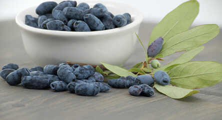 White bowl filled with Honeyberry haskap berries on wooden table
