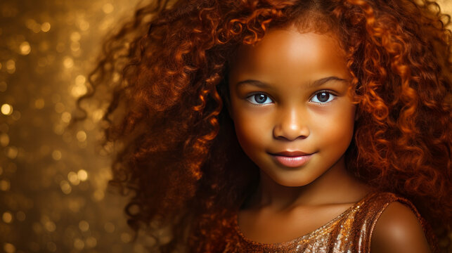 Portrait of smiling cute African American child girl with red hair and perfect skin, golden background, banner.