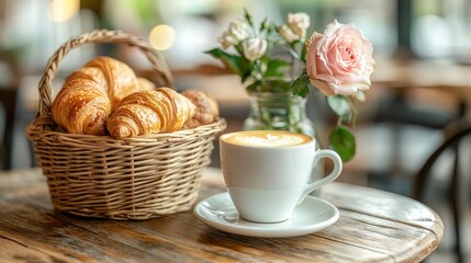 Basket of croissants and coffee beside flower bouquet.