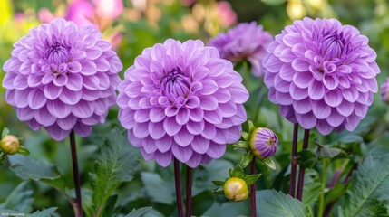 Obraz premium Beautiful purple dahlias in a garden, full bloom state.