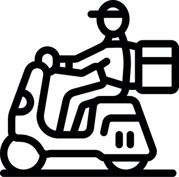 recommend clip art: Simple black and white icon of a delivery man riding a scooter with a delivery bag