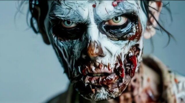 Zombie makeup cosplay, scared man with damaged face