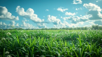 Obraz premium A lush green field with a clear blue sky, creating a refreshing and vibrant atmosphere.