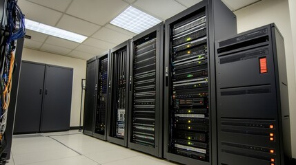 Rows of sleek, black server racks in a modern data center, showcasing technology, network infrastructure, and data storage.