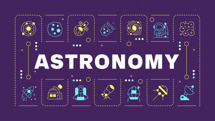 Astronomy science purple word concept. School subject. Natural science. Cosmos and universe. Visual communication. Vector art with lettering text, editable glyph icons. Hubot Sans font used