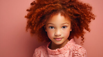 Fototapeta premium Portrait of smiling cute African American child girl with red hair and perfect skin, pink background, banner.