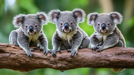 Naklejka premium Three baby koalas sit side-by-side on a tree branch, looking at the camera with a cute and cuddly expression. They represent the beauty of wildlife, the importance of conservation