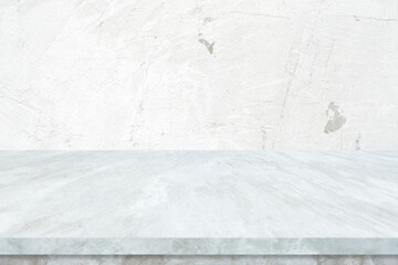 Fototapeta premium Empty white marble table over white cement wall background, White shelf, counter for food and product display montage backdrop, Table top, desk surface banner, mockup, template