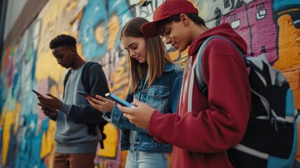 Three diverse teenagers, a girl in denim and two boys, one in a red hoodie, are looking at their phones against a backdrop of a colorful graffiti wall, symbolizing modern youth, digital connection