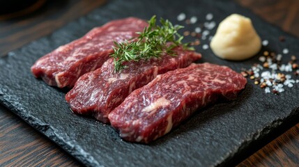 Obraz premium Three raw beef steaks, perfectly marbled and arranged on a black slate plate, are garnished with fresh herbs and a dollop of condiment, showcasing the richness and quality of the meat.