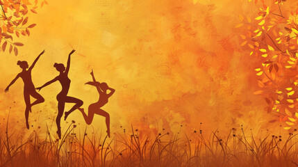 Three women silhouettes dance joyfully against a vibrant orange autumn background, symbolizing freedom, friendship, nature, celebration, and movement.