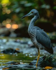 Grey heron standing on a rock in a stream.