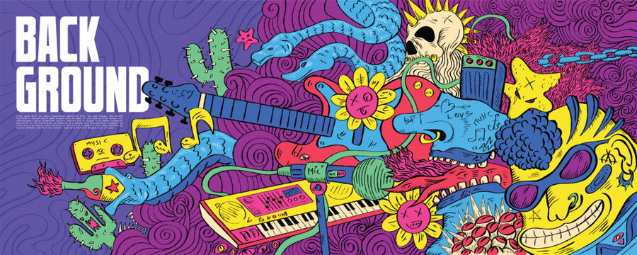 Hand drawn illustration on a music theme for Event Banner and Poster. Colorful doodle drawing Abstract Background Template. Vector - Powered by Adobe