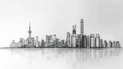 Obraz premium A minimalist line drawing of a city skyline with iconic buildings in a clean and simple design, creating a modern and artistic atmosphere.
