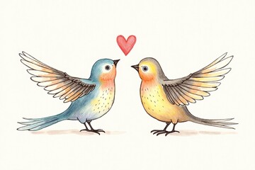 Cute Birds in Love Adorably Sharing a Moment Against White Background with Copy Space