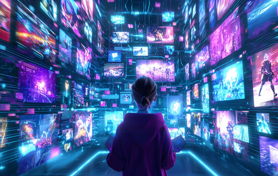 Person in Futuristic Digital Environment with Multiple Screens 