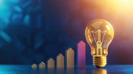 Geometric business growth and expansion, Golden light bulb, good idea, Dynamic colors, copy space for text , realistic photo high detailed