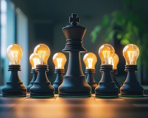 Geometric business growth, The chess pieces have light bulb heads that do not glow, only the king with the light bulb head glows brightly