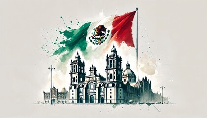 Abstract watercolor banner for mexico independence day with mexico city cathedral.