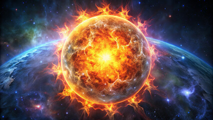 Obraz premium A brilliant sun bursts with fiery energy, casting vivid colors across a distant planet and the surrounding galactic space