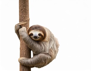 sloth hanging tree branch isolated on white background