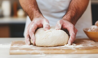 hands kneading bread dough with flour and water in a kitchen, Generative AI