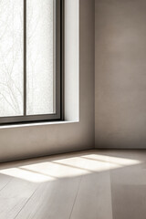 Empty property room in neutral colors with no furniture, minimal decoration and a large window providing natural lighting. Premium Real Estate interiors.