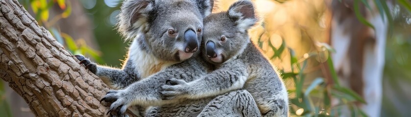 Naklejka premium Koala family cuddling on a eucalyptus tree, cute baby animal family, peaceful Australian habitat
