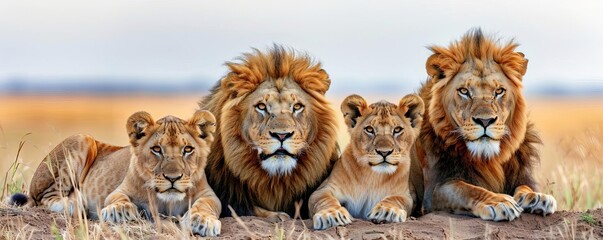 Majestic lion family basking in the savannah sun, animal family togetherness, wildlife bond