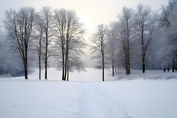 Fototapeta premium Winter time in the forest. Trees with snow. Nature - landscape