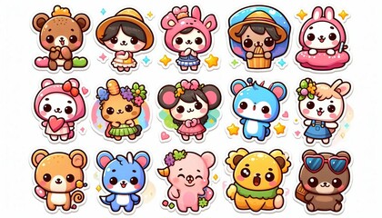 Cute cartoon animal stickers with various expressions and accessories.