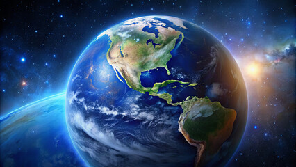 Fototapeta premium Earth appears vibrant with continents and swirling clouds against a backdrop of stars and cosmic light
